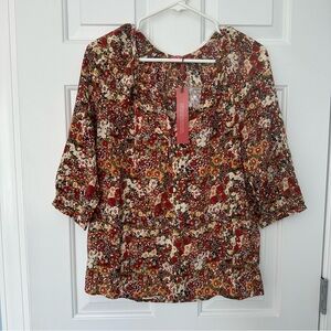 NWT Rose & Thyme Floral Blouse V-Neck Shirt Black Red Green Orange Colorful Sz M